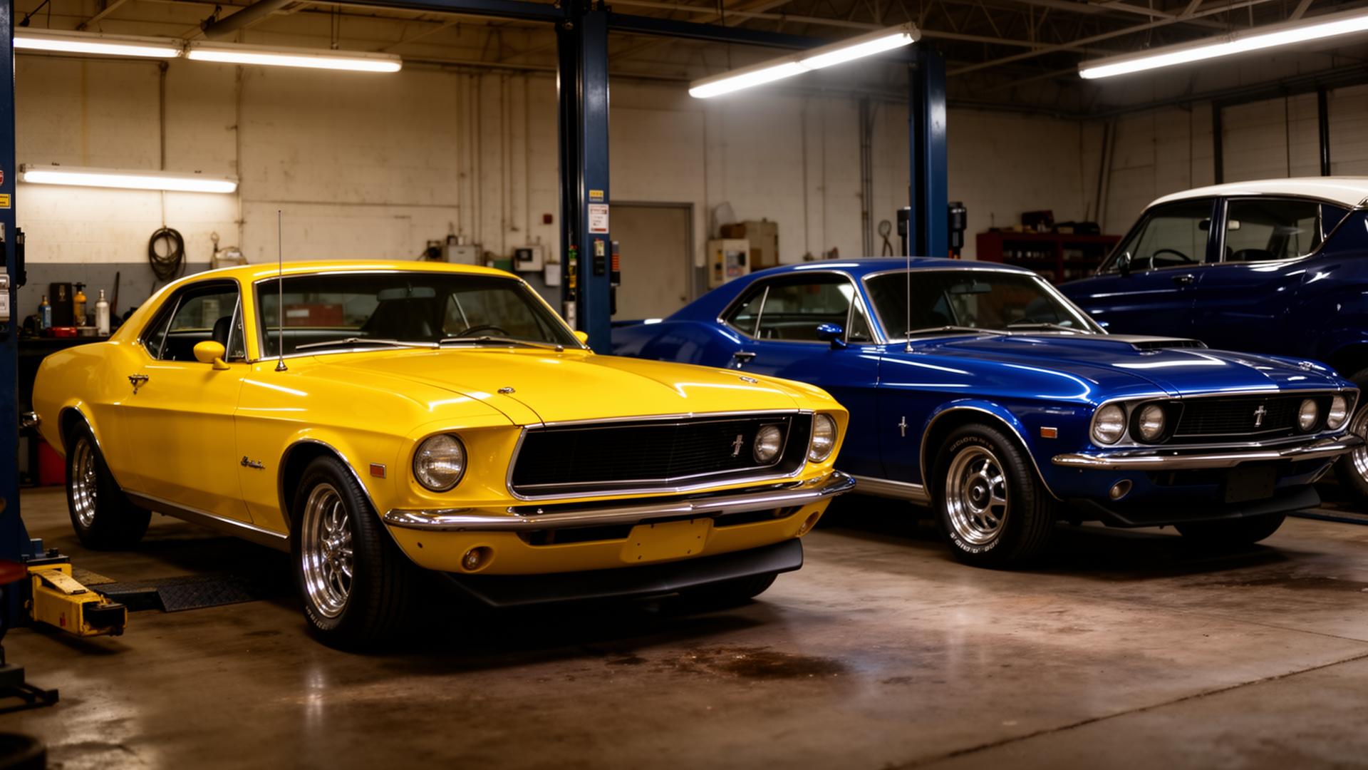 Yellow and blue muscle cars in a professional garage